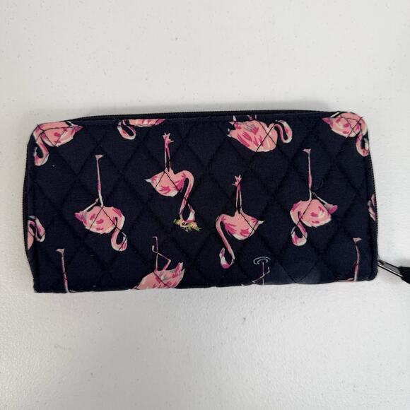 Vera Bradley Flamingo Fiesta Quilted Zip Around Wallet RFID Navy Pink Birds - Picture 5 of 14